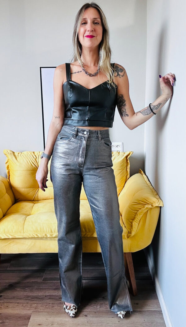 Calça Wide Leg Foil Black Chumbo